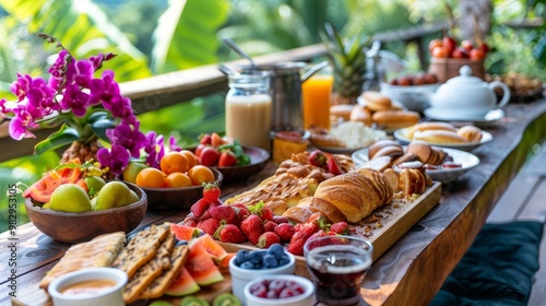 Fototapeta Naklejka Na Ścianę i Meble -  Elegant breakfast table displaying fresh fruits and assorted pastries for a delightful morning