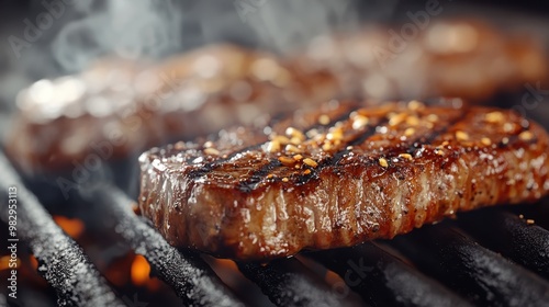 Juicy grilled steaks sizzling on the barbecue grill, sprinkled with seasoning, smoke rising. Perfectly cooked beef with beautiful grill marks and rich aroma. photo