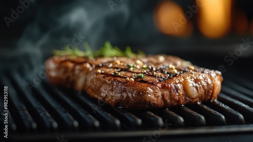 A savory grilled steak seasoned with herbs and smoking on a grill, showcasing the delectable flavors and enticing aroma of perfectly cooked meat. photo