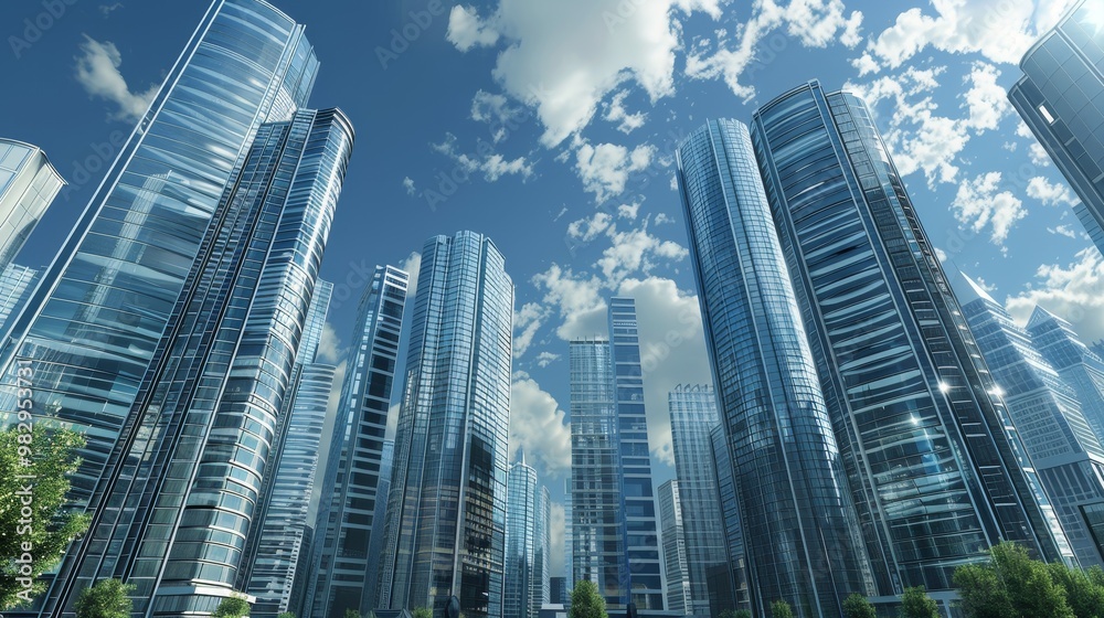 Low Angle View of Skyscrapers against Blue Sky, Digital Painting, Glass Facade, Cityscape, Architecture, Building , Skyscraper Low Angle View of Skyscrapers against Blue Sky, Digital Painting, Glass Facade, Cityscape, Architecture, Building , Skyscraper