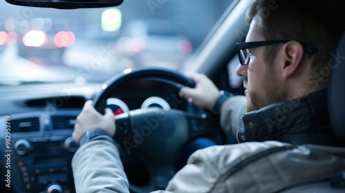 Man Driving at Night, Close-up, Steering Wheel, City Lights, Driving, Night Drive, Urban