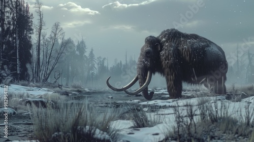 Woolly Mammoth Roaming Snowy Tundra During Ice Age