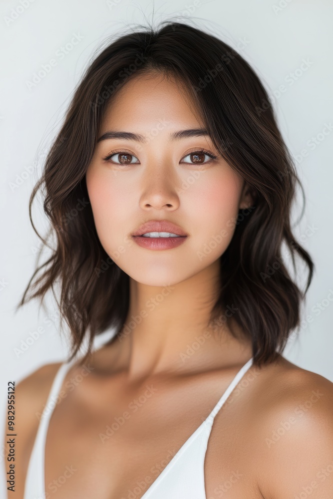 A senior Asian woman with shoulder-length hair poses in a bikini, exuding confidence and grace against a clean white background. A senior Asian woman with shoulder-length hair poses in a bikini, exuding confidence and grace against a clean white background.