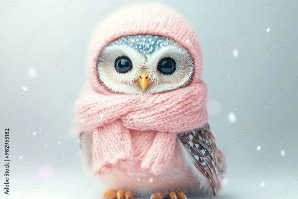 Fototapeta premium A cozy owl wrapped in a pink scarf and hat, resting peacefully in a winter wonderland with soft snowfall around