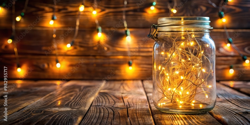 Christmas light glowing in a glass jar on wooden background for festive decoration Christmas light glowing in a glass jar on wooden background for festive decoration
