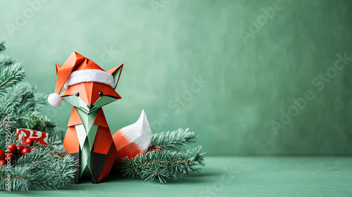 Holiday origami paper fox in Christmas setting