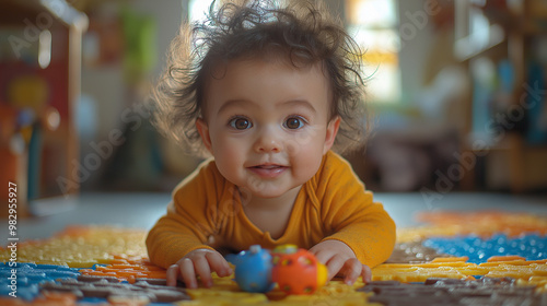 A latin mexican hispanic brown skin crawling on a city-themed play mat, reaching out to touch a shiny toy, with bright, natural light filtering through a nearby window, capturing the joy of discovery