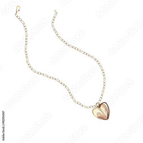 Unfastened gold chain with heart-shaped pendant in watercolor. Isolated illustration of jewelry for design of catalogs, advertising campaigns, fashion magazines, social networks, presentations