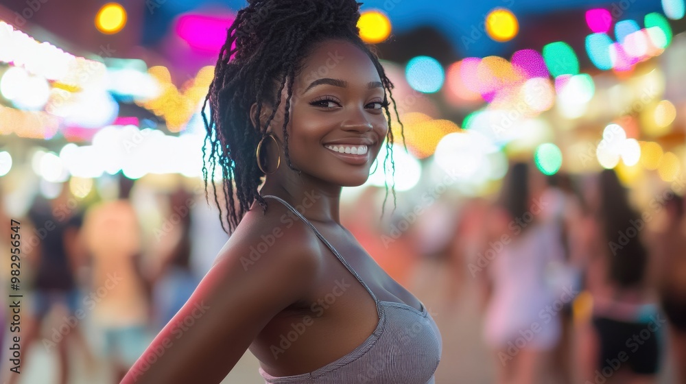 Surrounded by colorful lights, a smiling black woman in casual festival wear enjoys the energy of the night, exuding confidence and happiness.