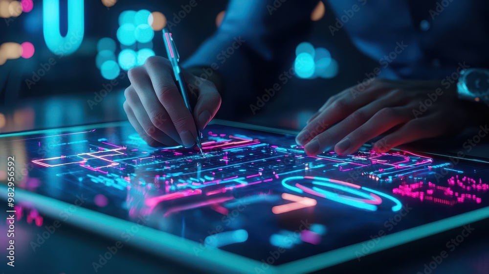 Designer sketching on a digital tablet, surrounded by holographic textiles and glowing neon lights, Cyberpunk, 3D Render Designer sketching on a digital tablet, surrounded by holographic textiles and glowing neon lights, Cyberpunk, 3D Render