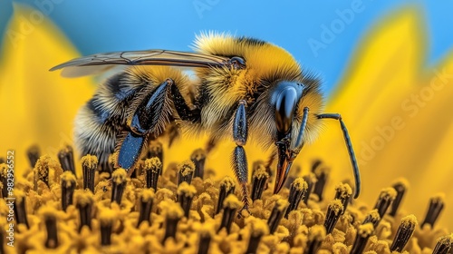 A close-up picture of a bee on a sunflower.