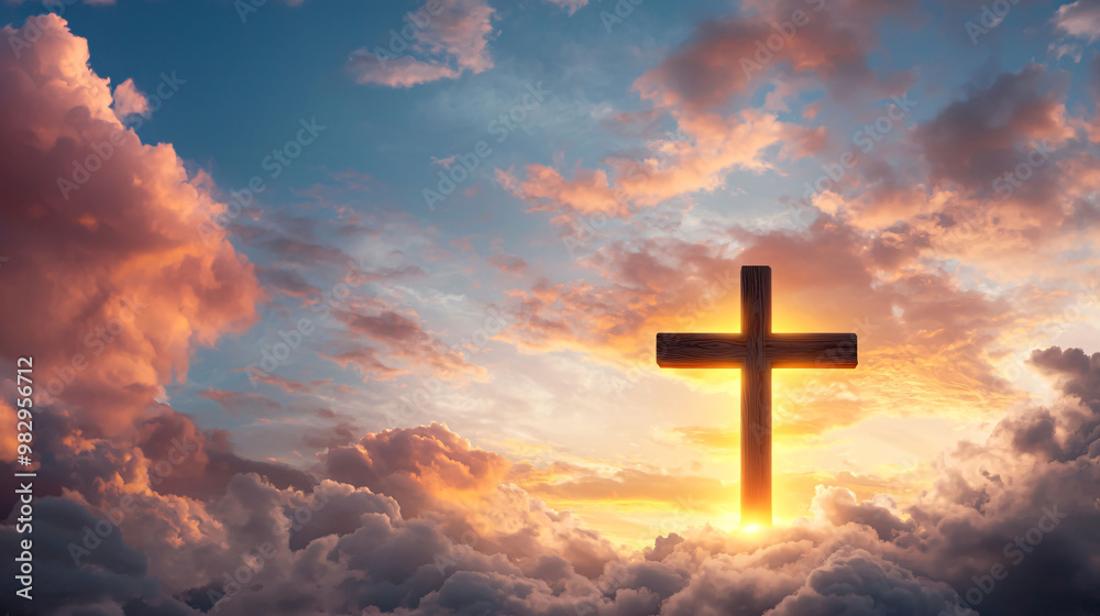 A glowing cross rises majestically above clouds, illuminated by warm hues of sunset. scene evokes sense of peace and spirituality, surrounded by beautiful, colorful sky A glowing cross rises majestically above clouds, illuminated by warm hues of sunset. scene evokes sense of peace and spirituality, surrounded by beautiful, colorful sky