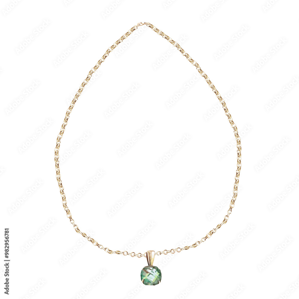 Fastened gold chain with pendant with green stone in watercolor. Isolated illustration of jewelry for design of catalogs, advertising campaigns, fashion magazines, social networks, presentations Fastened gold chain with pendant with green stone in watercolor. Isolated illustration of jewelry for design of catalogs, advertising campaigns, fashion magazines, social networks, presentations