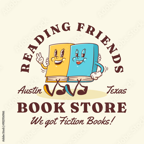 Vector Book Store School Learning Group of Characters Illustration Logo Template. Groovy Cartoon Library Friends Books Walking Education Personage Label. Isolated