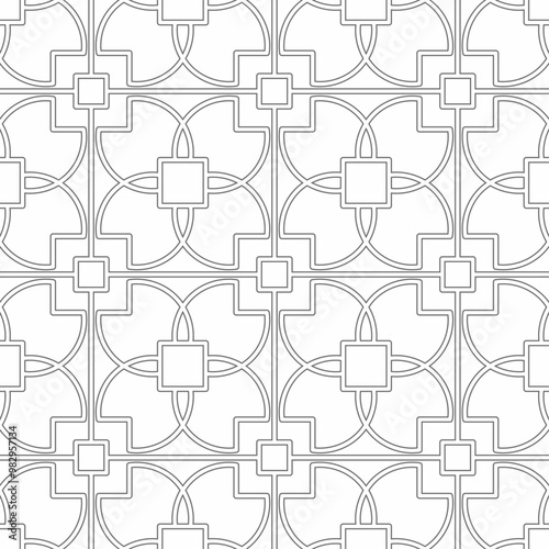 Seamless geometric pattern with a mix of modern and classic elements, consisting of connected square shapes and curved lines. Suitable for various creative projects or decorative elements.