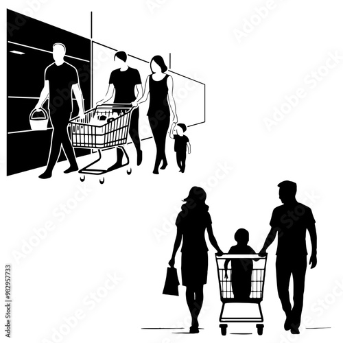 A family with a child scampers around the supermarket with a shopping cart. Vector illustrations with silhouettes of people, clip art, monochrome