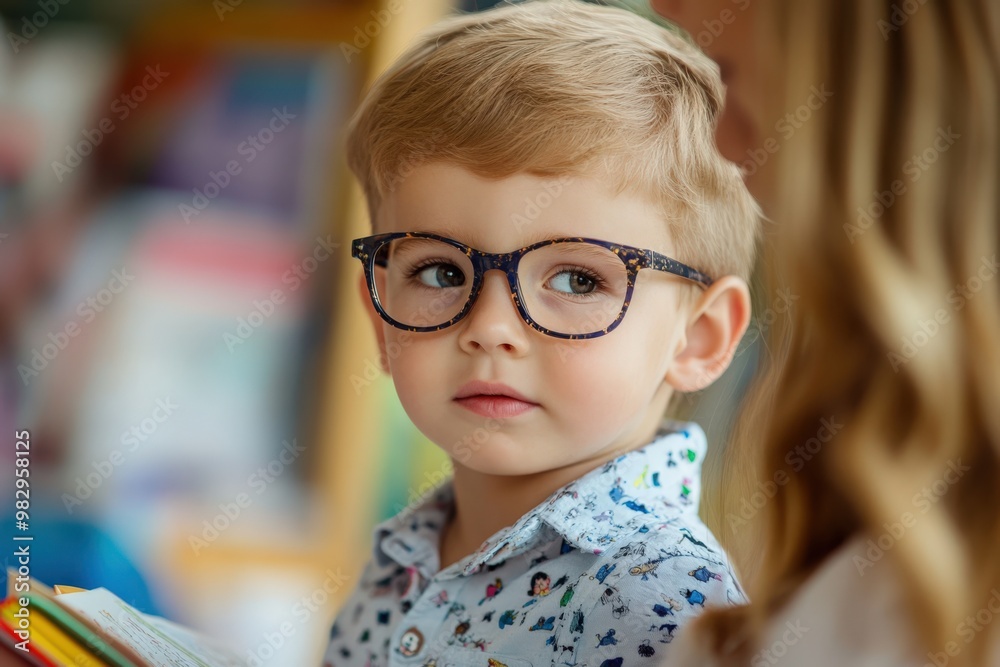 Teacher Assistant. Kindergarten Boy Learning to Read with Dedicated Teacher's Help Teacher Assistant. Kindergarten Boy Learning to Read with Dedicated Teacher's Help