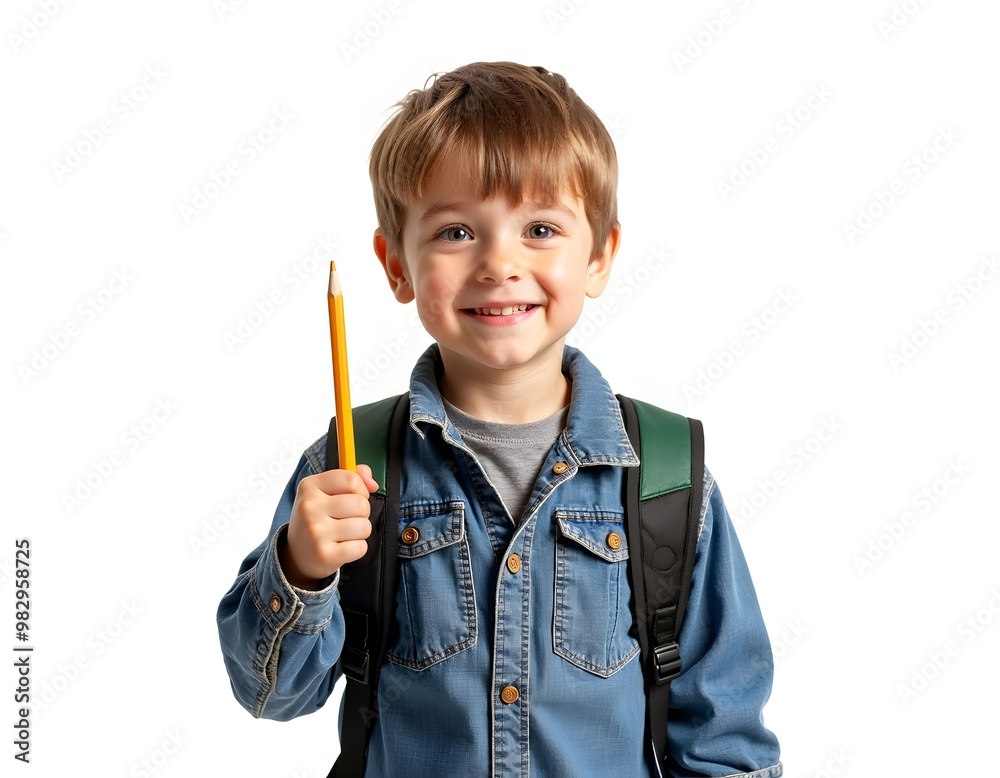 smiling student boy holding pencil and wearing backpack isolated on white background