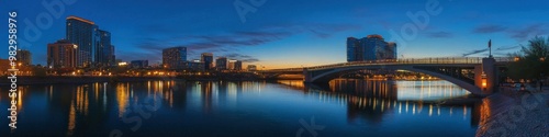 Tempe. Dawn Panorama of Mill Avenue Bridge in Tempe Arizona Near Phoenix