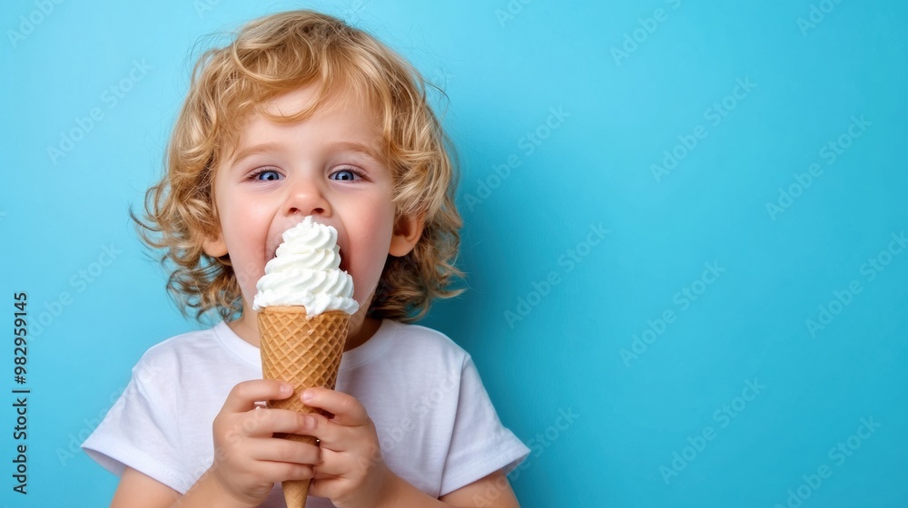 A little boy with curly hair eating an ice cream cone, AI A little boy with curly hair eating an ice cream cone, AI