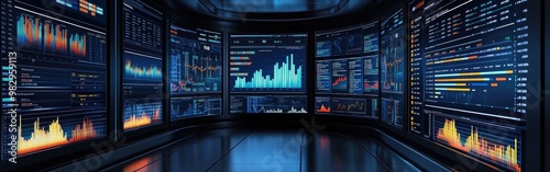 A business intelligence analyst reviews dynamic big data visualizations on multiple screens