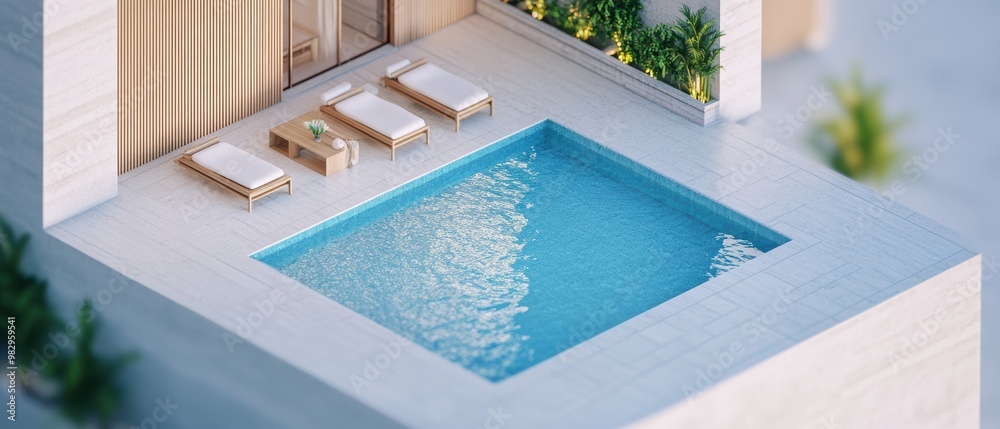 Fototapeta premium Modern Poolside Oasis with Lounge Chairs and Greenery