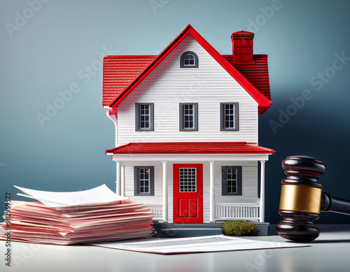 Judge's gavel sitting on a table beside a model house with a stack of paperwork nearby, representing the concept of real estate law