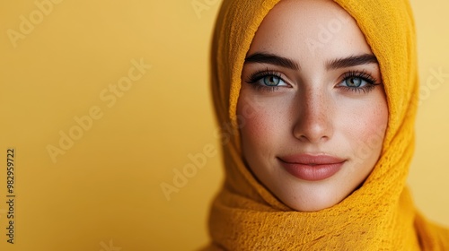 A captivating woman wearing a vibrant yellow scarf, radiating warmth and confidence, framed against a bright yellow background with seamless artistic tones.