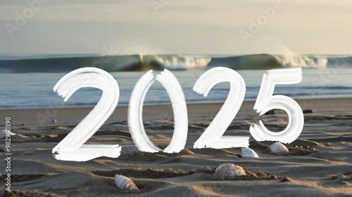 Wallpaper Mural Numbers 2025 on sea background. AI Torontodigital.ca