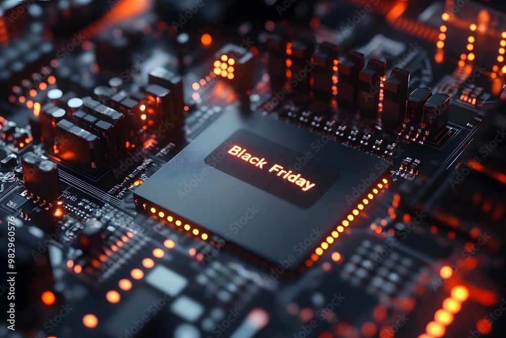 black friday poster with light of tech circuit background