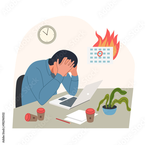 Sad, unhappy man with his head down at workplace in front of the laptop. Professional burnout syndrome. Vector flat style cartoon illustration
