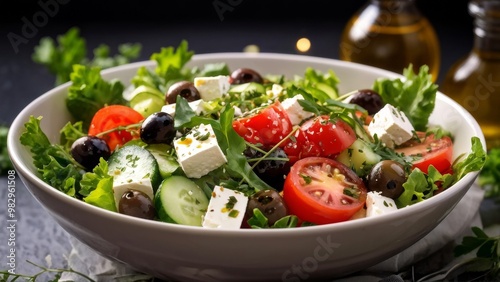 A dish with a refreshing Greek salad of tomatoes, cucumbers, olives and feta cheese, drizzled with olive oil and sprinkled with oregano.