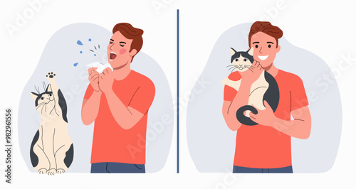 Young ill man sneezes and holds and hugs the cat. Allergy concept. Before or after. Vector flat style cartoon illustration
