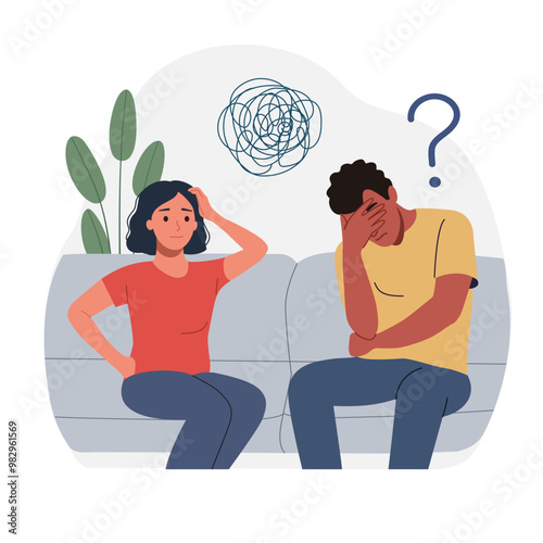 Sad, unhappy womankind man are sitting on the couch. Vector flat style cartoon illustration