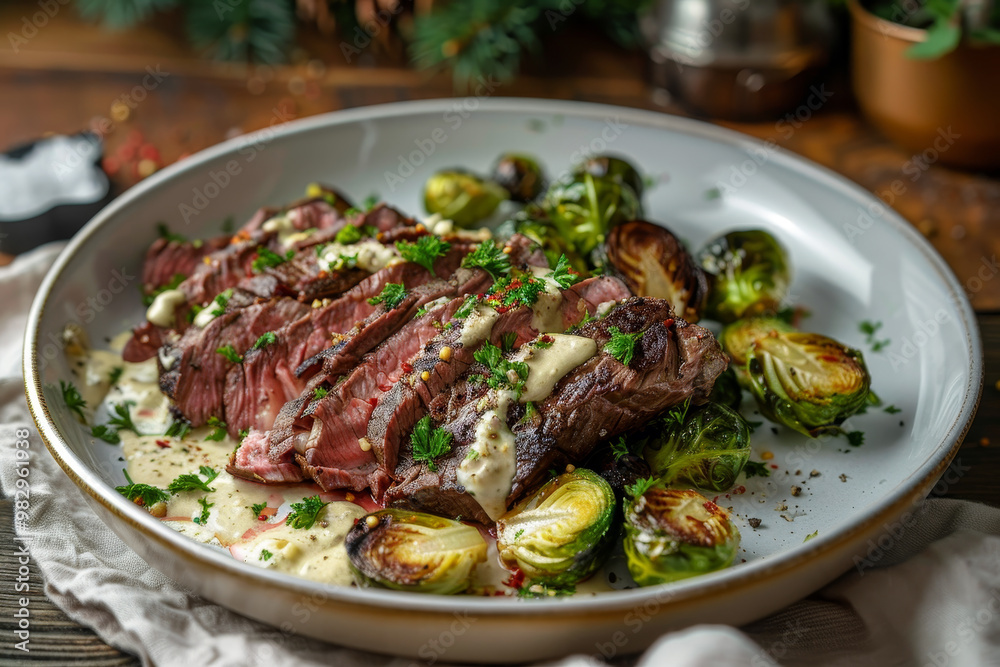 A plate of meat and vegetables with a creamy sauce A plate of meat and vegetables with a creamy sauce
