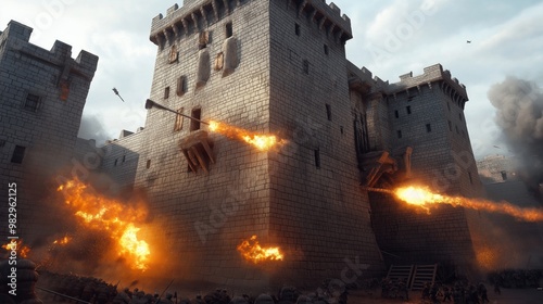 A medieval castle under siege with flames and explosions as projectiles hit the walls, causing fire and chaos. Soldiers gather below the castle walls in defense.