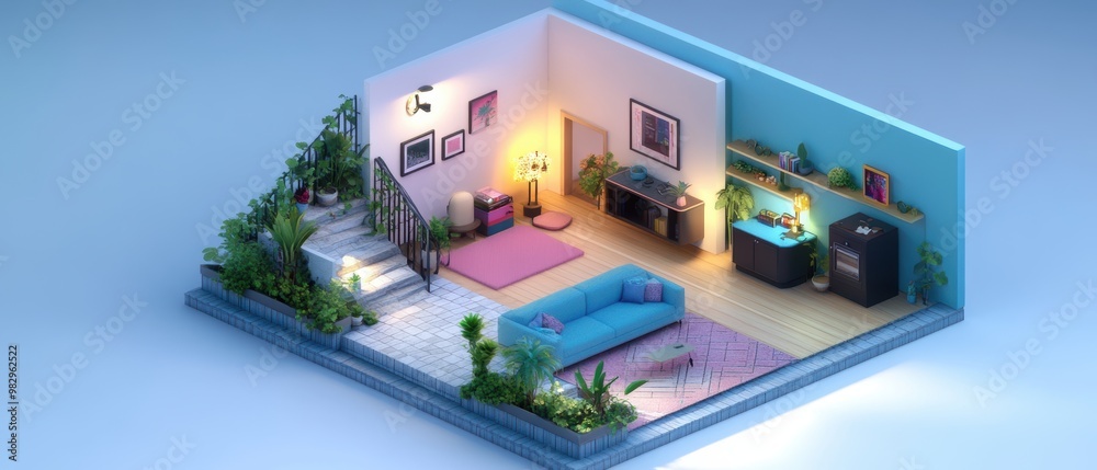 Naklejka premium Modern Interior Design with Cozy Living Space and Plants