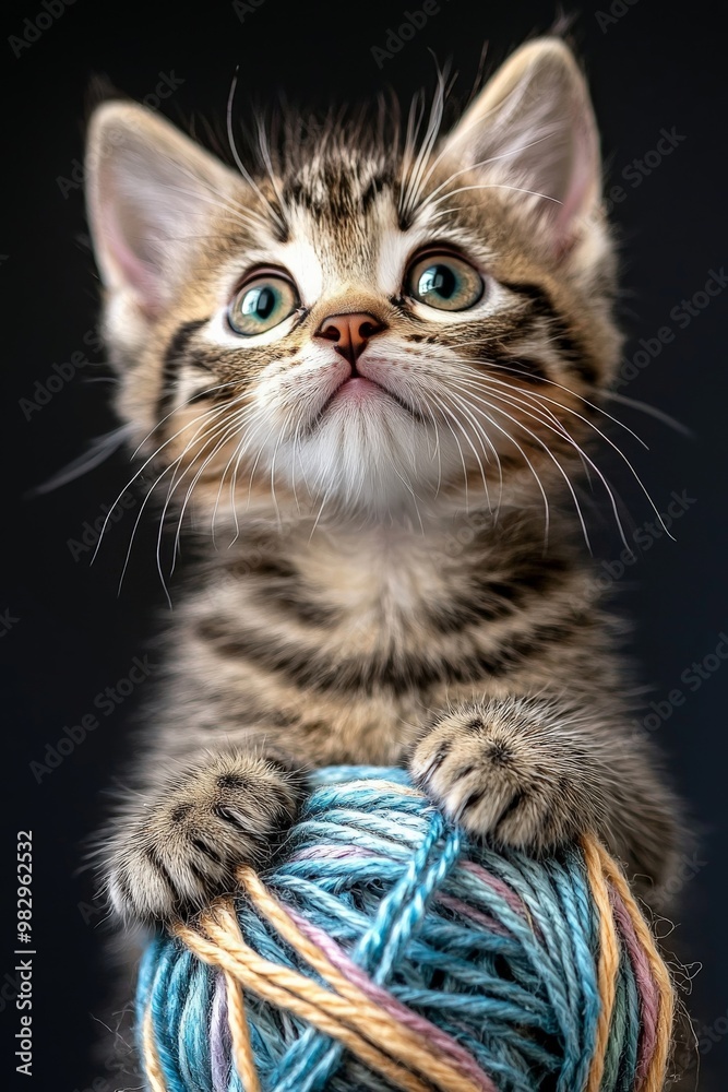Fototapeta premium A small kitten playfully tangled in a ball of yarn, looking up innocently with wide, curious eyes