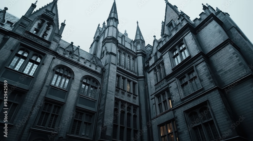 Fototapeta premium A Gothic-style building with tall spires, arched windows, and detailed stonework, creating an imposing architectural presence against a cloudy sky.