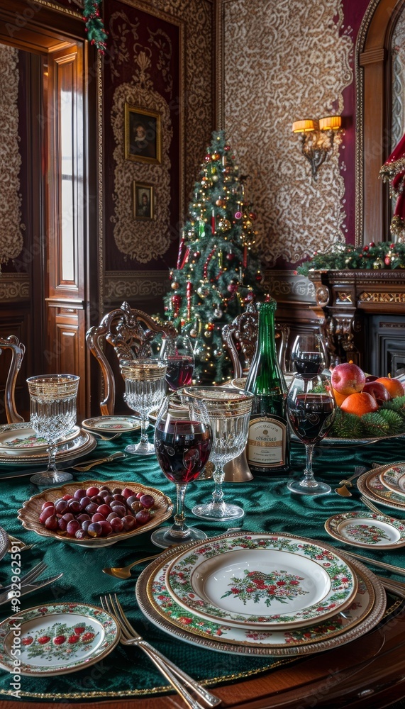 Elegant holiday table setting with exquisite decorations and festive touches for celebrations Elegant holiday table setting with exquisite decorations and festive touches for celebrations