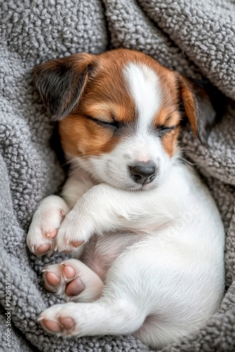 A small puppy sleeping soundly on a cozy blanket, its soft fur reflecting the warmth and safety of home