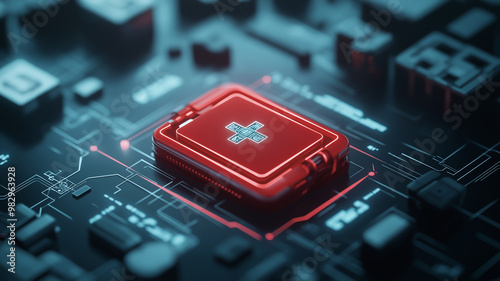Close-up of a red med kit on a futuristic stretcher, holographic medical interface surrounding it, neon glow, sci-fi theme, sharp focus, dark background, futuristic