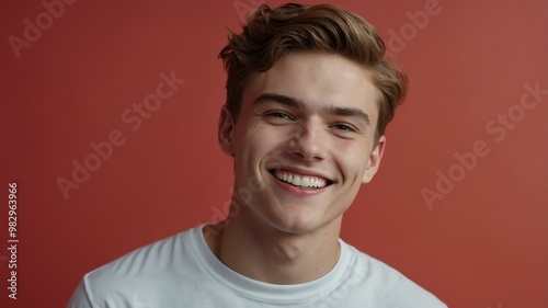 teenage white man on pastel red background model close-up smiling with beautiful teeth for ad concept space for text