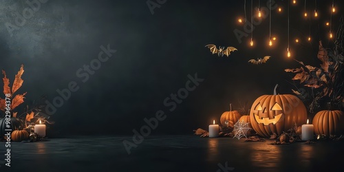 Dark festive Halloween night with carved pumpkins, candles, autumn leaves, and string lights creating a spooky atmosphere.