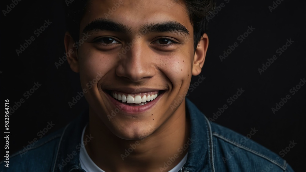Obraz premium teenage hispanic man on black background model close-up smiling with beautiful teeth for ad concept space for text