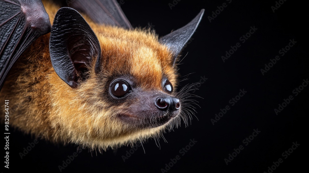 A close-up picture of a flying fox, also known as a fruit bat, against a black background.