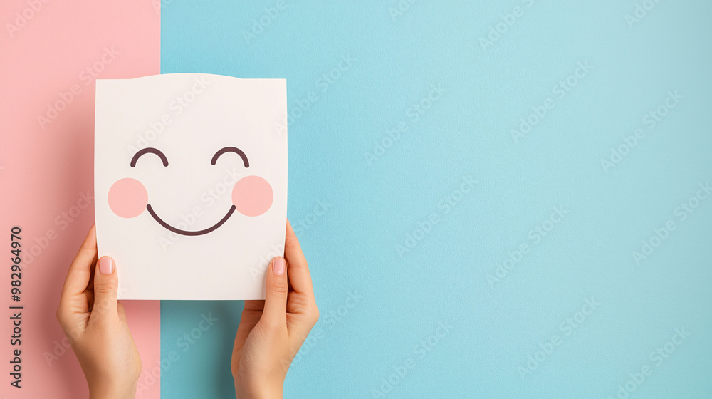 Obraz premium Happy face cutout held in hands against soft pastel blue background, creating cheerful and uplifting atmosphere. This image evokes joy and positivity