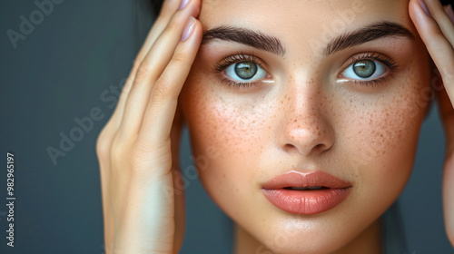 Young Woman With Striking Green Eyes Touching Her Face Against a Neutral Background