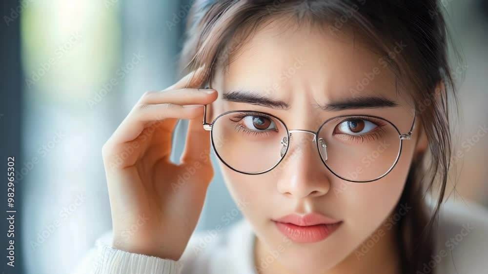 Young woman with glasses expresses curiosity while sitting indoors, softly lit by natural light during the day Young woman with glasses expresses curiosity while sitting indoors, softly lit by natural light during the day