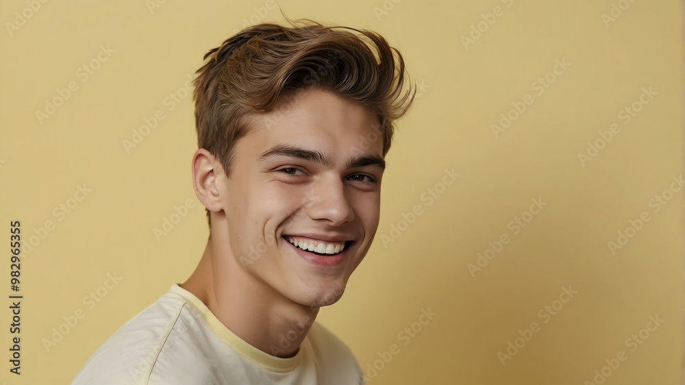 Fototapeta premium teenage european man on pastel yellow background model close-up smiling with beautiful teeth for ad concept space for text